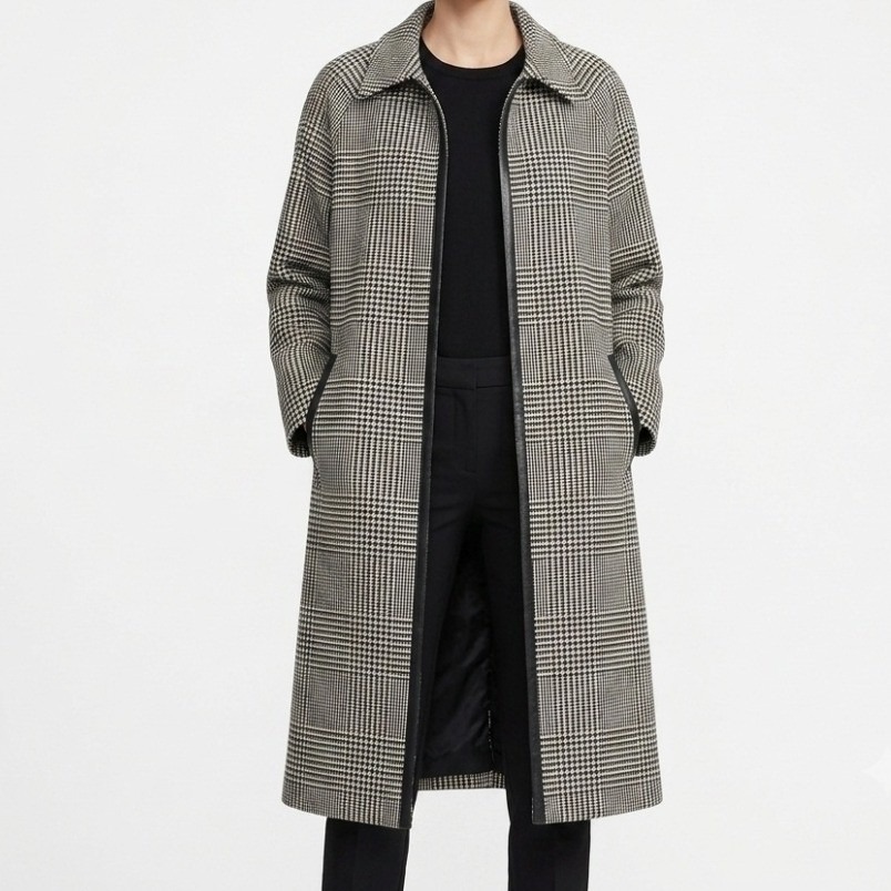 Vintage 90s 100% Pure Wool Long Coat Plaid Trench Leather Trim M 8 Black Cream